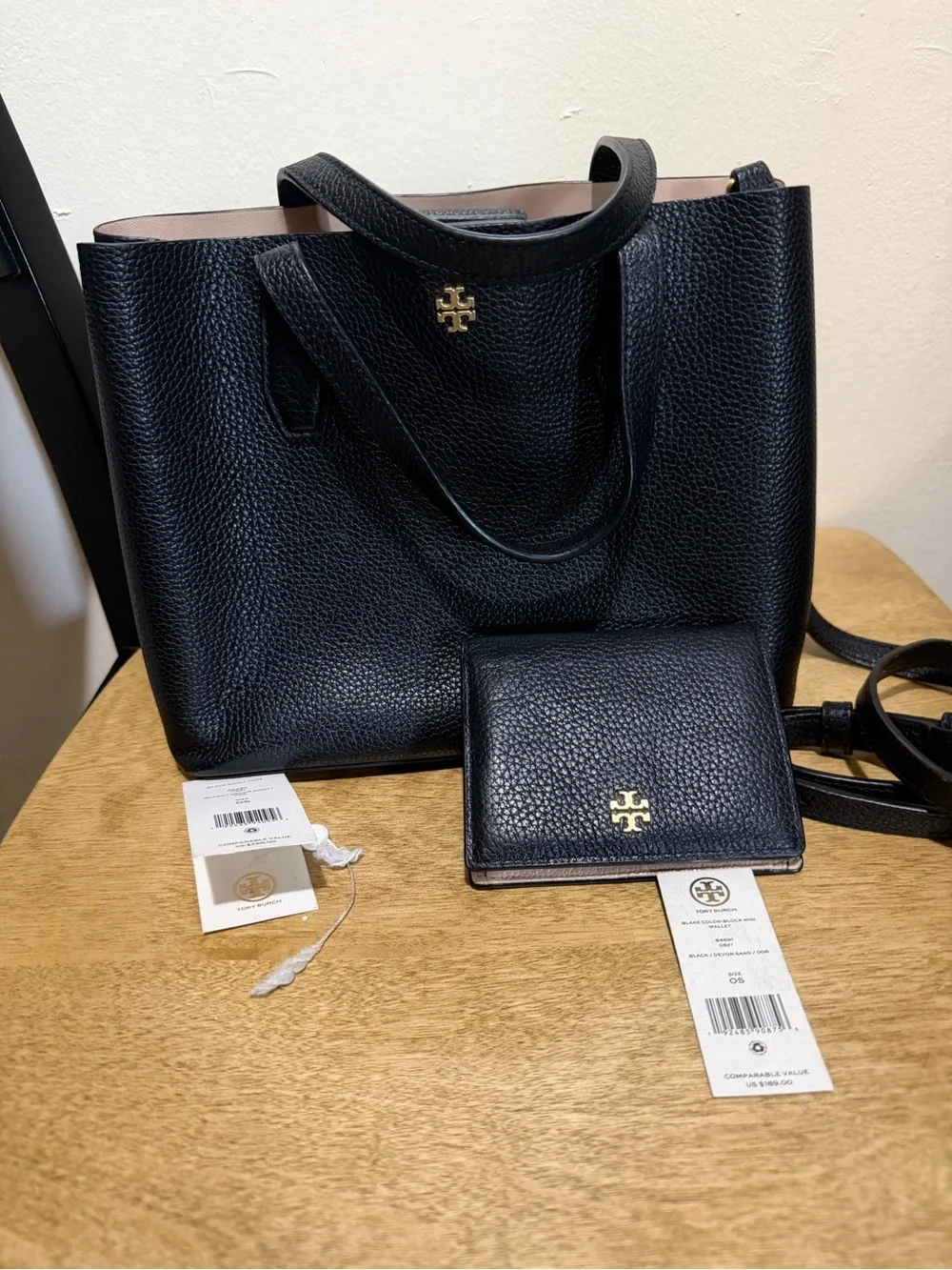 Tory Burch Black Pebbled Leather Tote with Matching Wallet Set